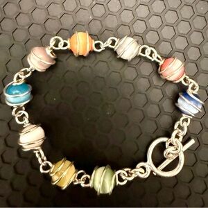 Multicolor Cats Eye stones Sterling Silver Toggle Bracelet 7.75 Inch 16.72g